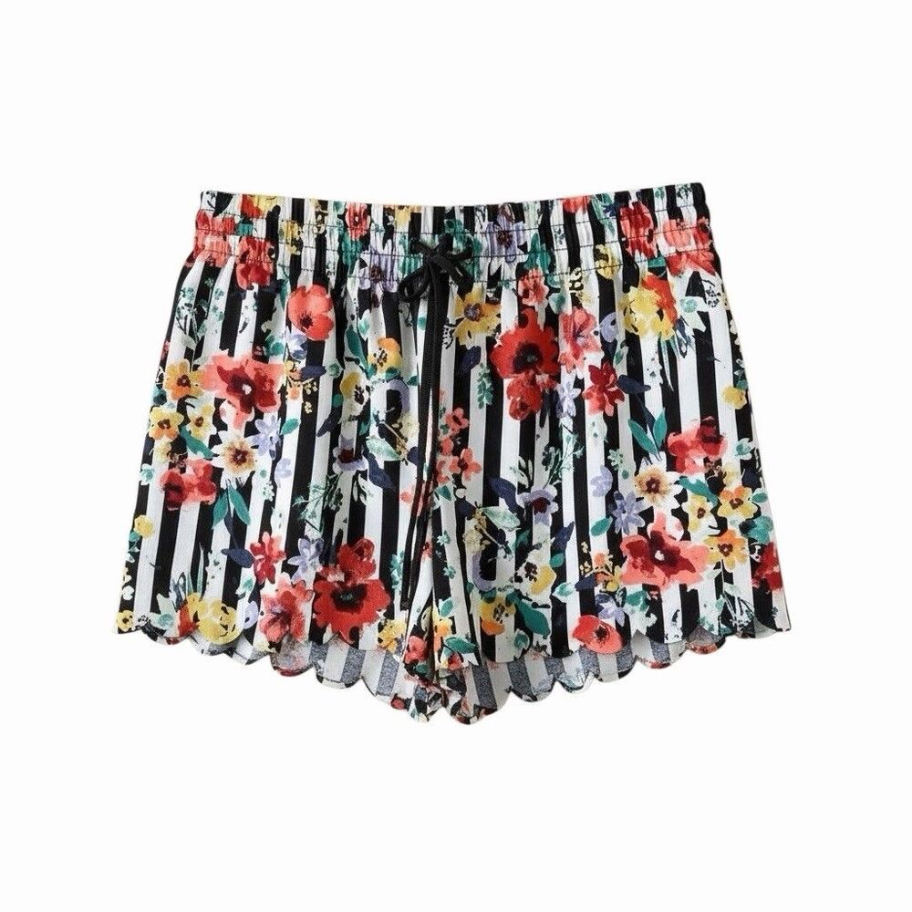 Gilligan & O Malley Lounge Pajama Sleep Shorts Floral Stripe Scallop XS